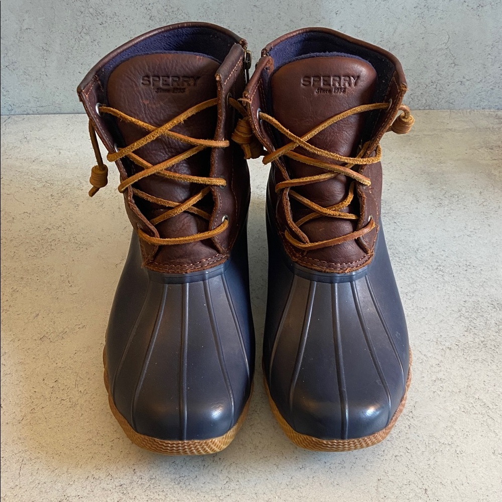 Sperry Saltwater Duck Boots Navy Brown Leather Rain Boots Women’s 9.5